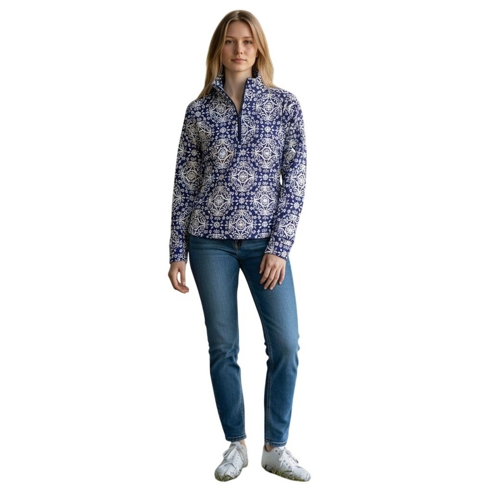 Vera Bradley Blue White Damask Medallion Quarter Zip Pullover Sweatshirt SMALL